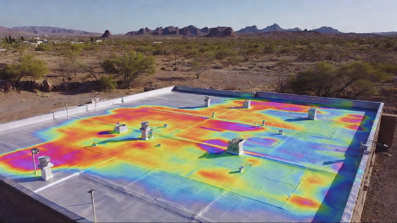 Thermal drone image showing heat signatures on an Arizona commercial roof