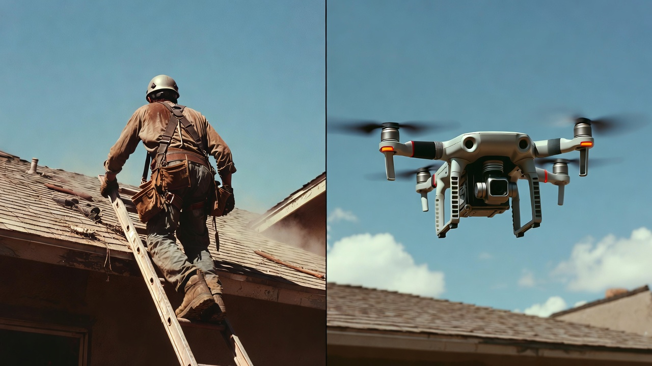 Side by side comparison of traditional vs drone roof inspection